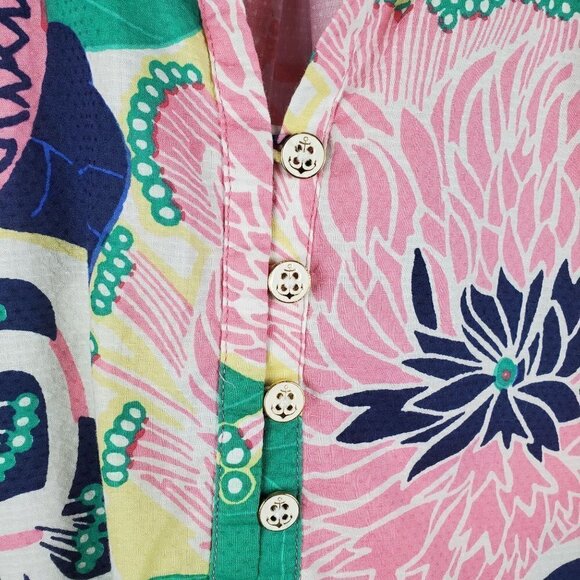 Talbots Medium Petite Pink Blue Tropical floral Popover Blouse Collared long Sle - Picture 7 of 9